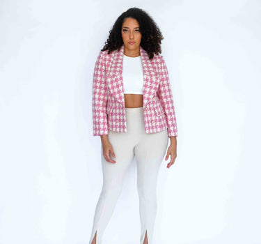 Pale Pink Houndstooth Slim Fit Tweed Top-Abraham Moon (Pre-order) - White & Pale Pink