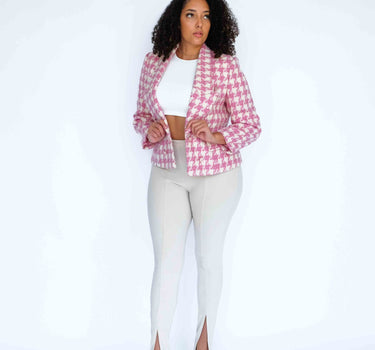 Pale Pink Houndstooth Slim Fit Tweed Top-Abraham Moon (Pre-order) - White & Pale Pink