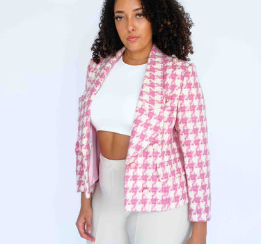 Pale Pink Houndstooth Slim Fit Tweed Top-Abraham Moon (Pre-order) - White & Pale Pink