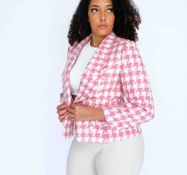 Pale Pink Houndstooth Slim Fit Tweed Top-Abraham Moon (Pre-order) - White & Pale Pink