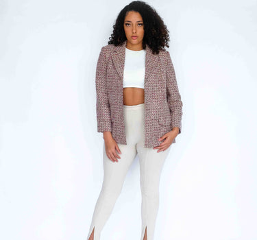 TruffleRose Checkered Tweed Jacket (Adorned with Pink Shell Crystal Buttons)-Abraham Moon (pre-order) - Rose Red & White & Brown