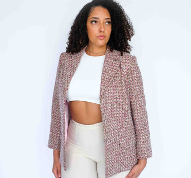 TruffleRose Checkered Tweed Jacket (Adorned with Pink Shell Crystal Buttons)-Abraham Moon (pre-order) - Rose Red & White & Brown