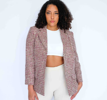 TruffleRose Checkered Tweed Jacket (Adorned with Pink Shell Crystal Buttons)-Abraham Moon (pre-order) - Rose Red & White & Brown