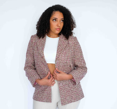 TruffleRose Checkered Tweed Jacket (Adorned with Pink Shell Crystal Buttons)-Abraham Moon (pre-order) - Rose Red & White & Brown