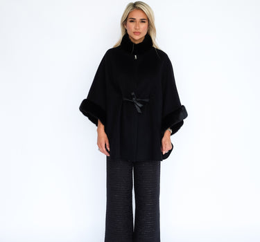 Loose Mid-Length 100% Cashmere Fur Cape CA6378 - Black