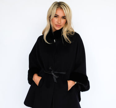 Loose Mid-Length 100% Cashmere Fur Cape CA6378 - Black