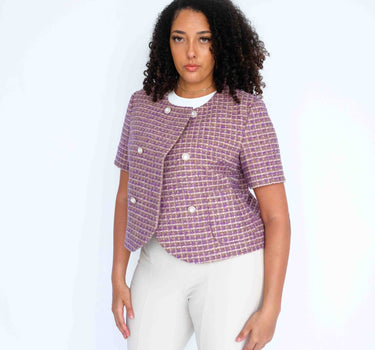 Lavender Checkered Tweed Short Sleeve Jacket with Double-Breasted Closure Abraham Moon (Pre-order) - Purple