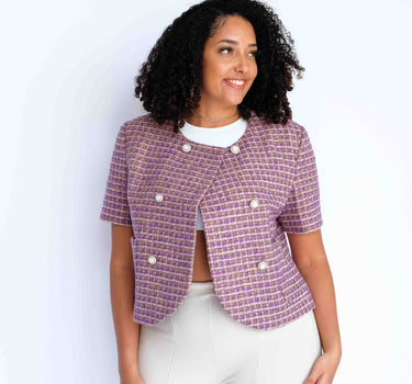 Lavender Checkered Tweed Short Sleeve Jacket with Double-Breasted Closure Abraham Moon (Pre-order) - Purple