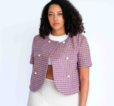 Lavender Checkered Tweed Short Sleeve Jacket with Double-Breasted Closure Abraham Moon (Pre-order) - Purple