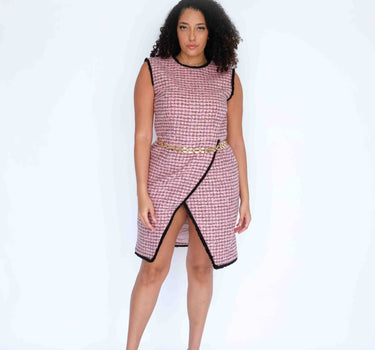 Front Slitted Pink Checkered Tweed Dress with Grey and Silver Toned Accents-Abraham Moon (pre-order) - Pink