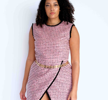 Front Slitted Pink Checkered Tweed Dress with Grey and Silver Toned Accents-Abraham Moon (pre-order) - Pink