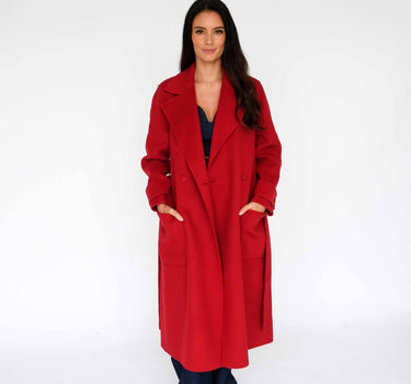 Red Double-Breasted Suit Collar Belted Woolen Long Coat with Two Pockets HY22W6033 - Red