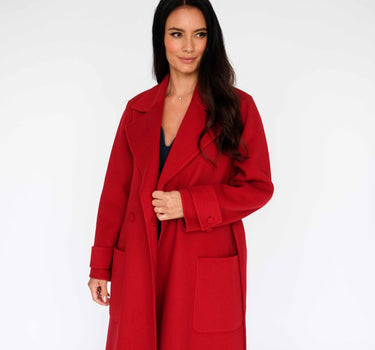 Red Double-Breasted Suit Collar Belted Woolen Long Coat with Two Pockets HY22W6033 - Red