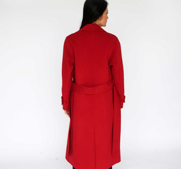 Red Double-Breasted Suit Collar Belted Woolen Long Coat with Two Pockets HY22W6033 - Red