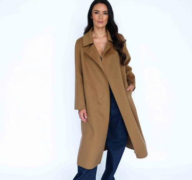 100% Cashmere Stand Collar Long Coat With Belt CA008 - Classic Camel