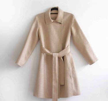 Belted 100% Cashmere Mid-Length Coat with Stand Collar CA6528 - Beige