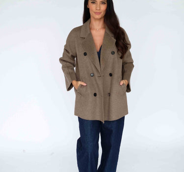 Cocoa Brown Double-Breasted 32% Cashmere Blend Mid-Length Coat (Loose-Fit) HY22W6040 - Cocoa Brown