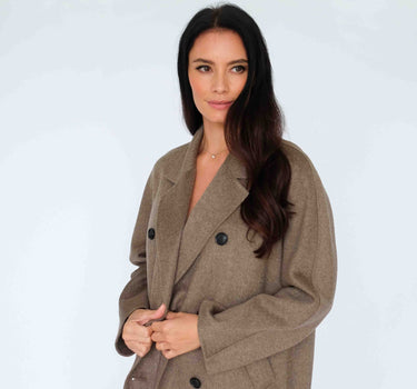 Cocoa Brown Double-Breasted 32% Cashmere Blend Mid-Length Coat (Loose-Fit) HY22W6040 - Cocoa Brown