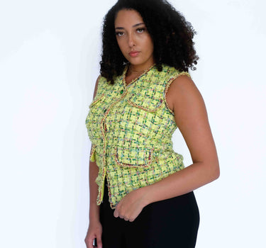 Pastel Yellow with Green Checkered Tweed Vest - Yellow