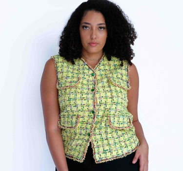 Pastel Yellow with Green Checkered Tweed Vest - Yellow