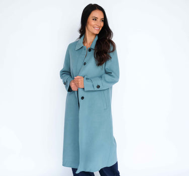 Shirt Collar Inner Button Long Wool Coat with 15% Cashmere S6552 - Arctic Blue