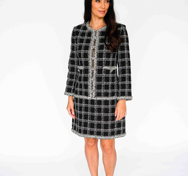 Checkered Black Tweed Dress with Fasteners (Three-Quarter Sleeves) - Black