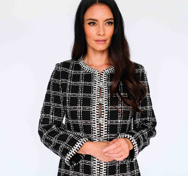 Checkered Black Tweed Dress with Fasteners (Three-Quarter Sleeves) - Black