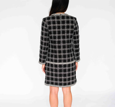 Checkered Black Tweed Dress with Fasteners (Three-Quarter Sleeves) - Black