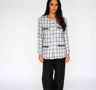 Light Lavender Checkered Tweed Coat with Four Pockets (Adorned with Sequins)-Linton - Light Purple & White