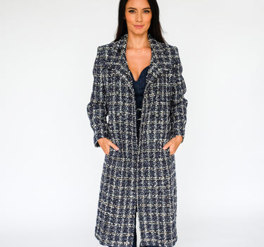 Long Double-Breasted Dark Blue Plaid Tweed Coat - Dark Blue Plaid