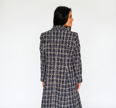 Long Double-Breasted Dark Blue Plaid Tweed Coat - Dark Blue Plaid