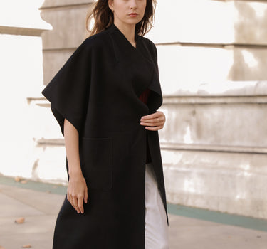 Short Sleeve Loose Long 100% Cashmere Cape CA6112 - Black