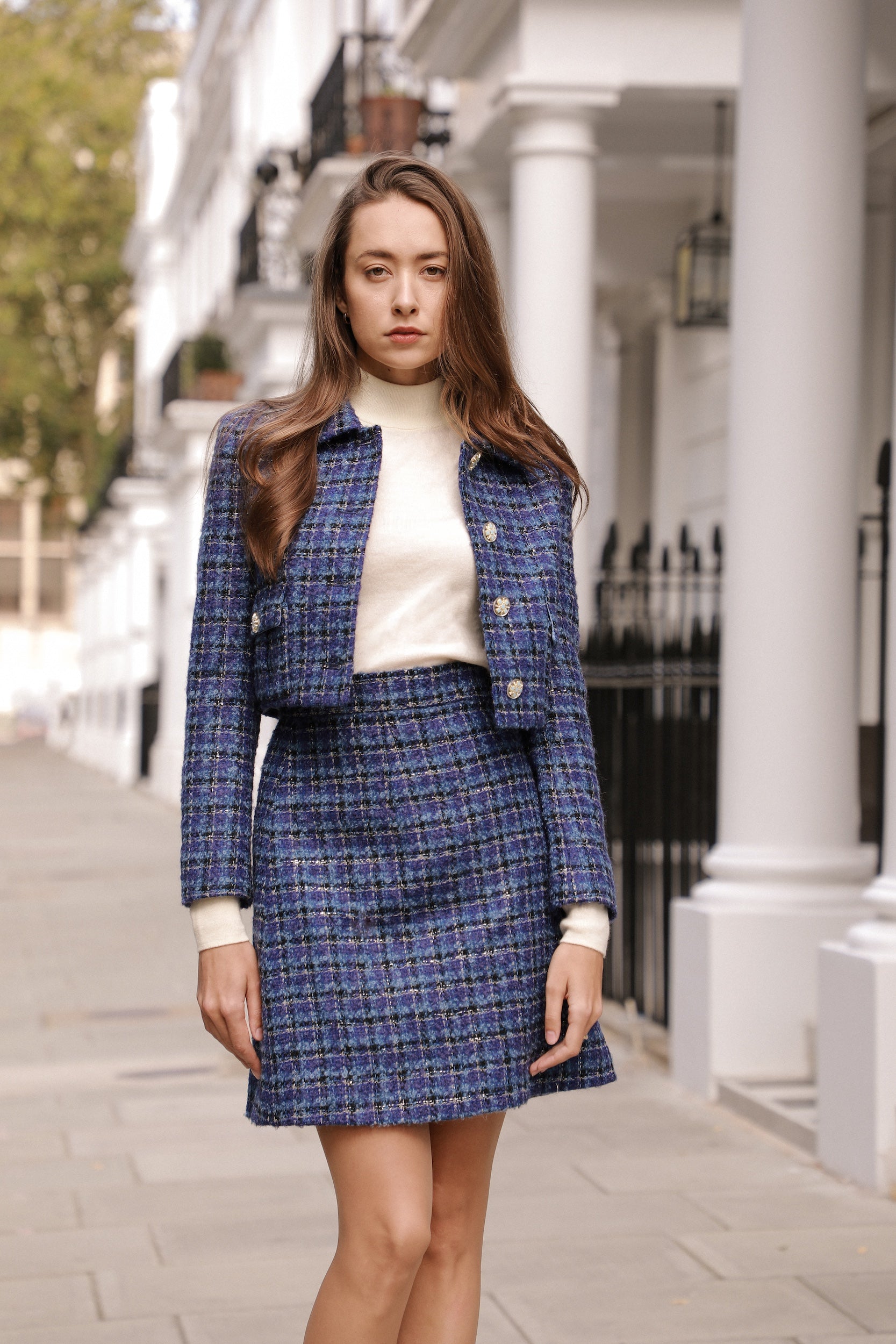 Abraham Moon Convertible Collar Tweed Top (pre-order) - Blurred Check Blue