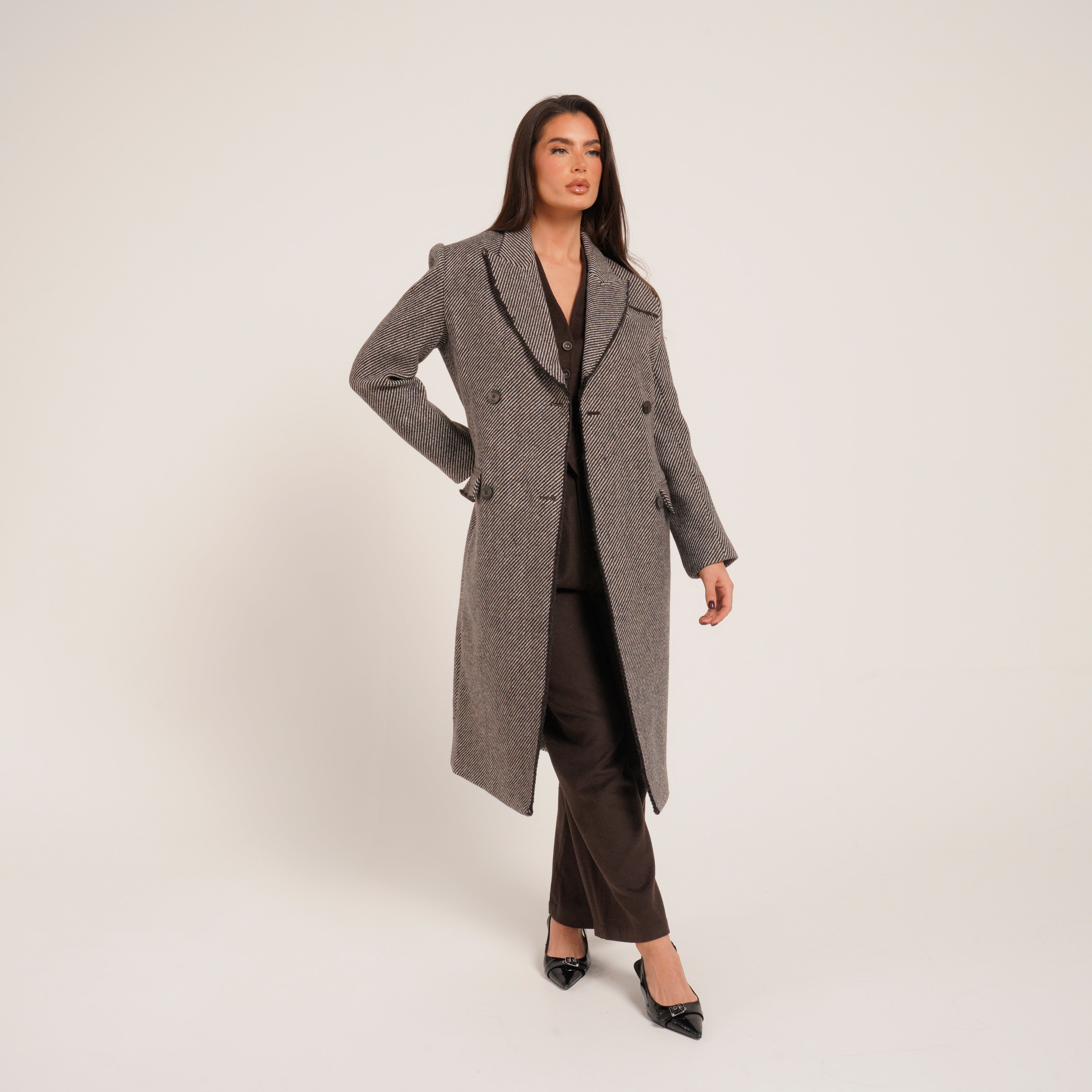 Brown herringbone wool coat